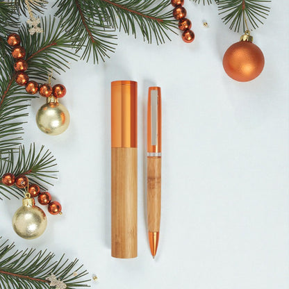 Penna a Sfera in Bamboo e Metallo Arancio con Incisione Personalizzata sul Tappo