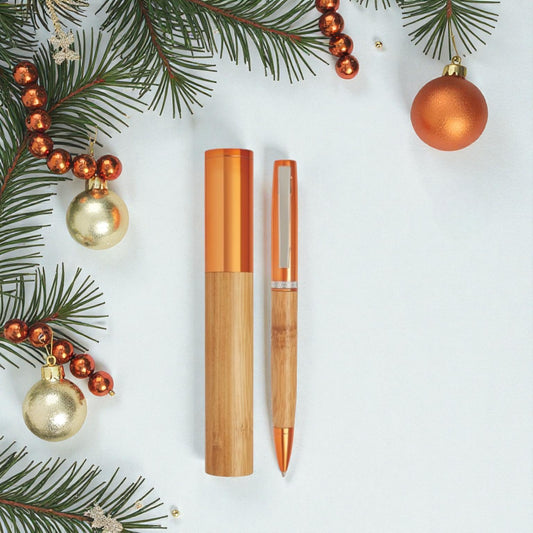 Penna a Sfera in Bamboo e Metallo Arancio con Incisione Personalizzata sul Tappo