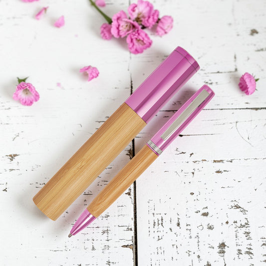 Penna a Sfera in Bamboo e Metallo Rosa - Personalizzata con Incisione