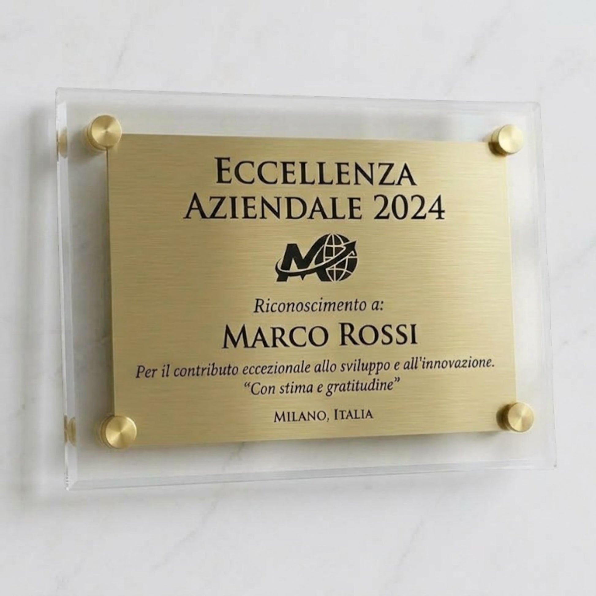 Targa Segnaletica in Ottone con Supporto in Plexiglas e Distanziali