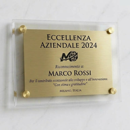 Targa Segnaletica in Ottone con Supporto in Plexiglas e Distanziali