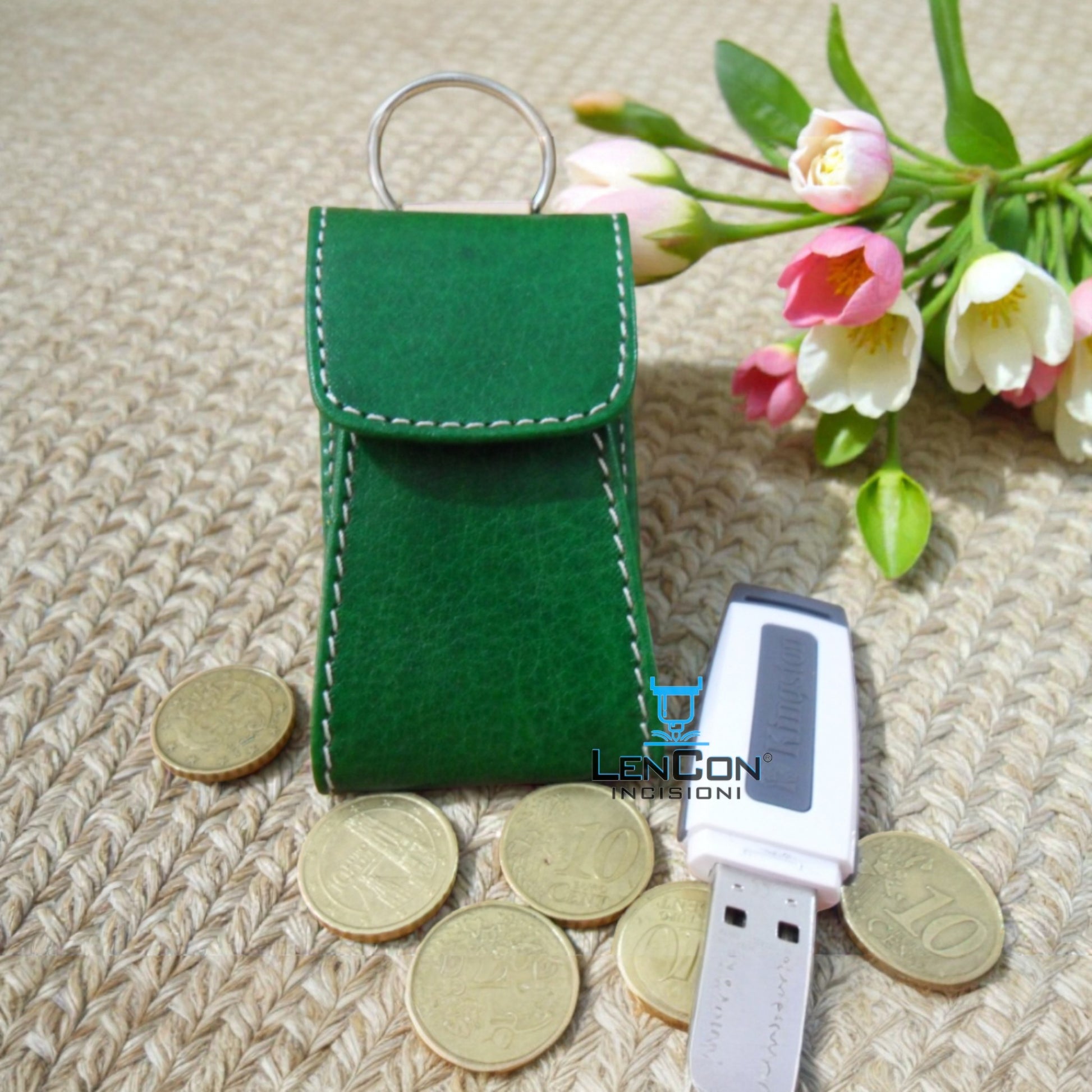 Portachiavi Porta monete in Vero Cuoio Verde – Organizer USB e Telecomando – Made in Italy